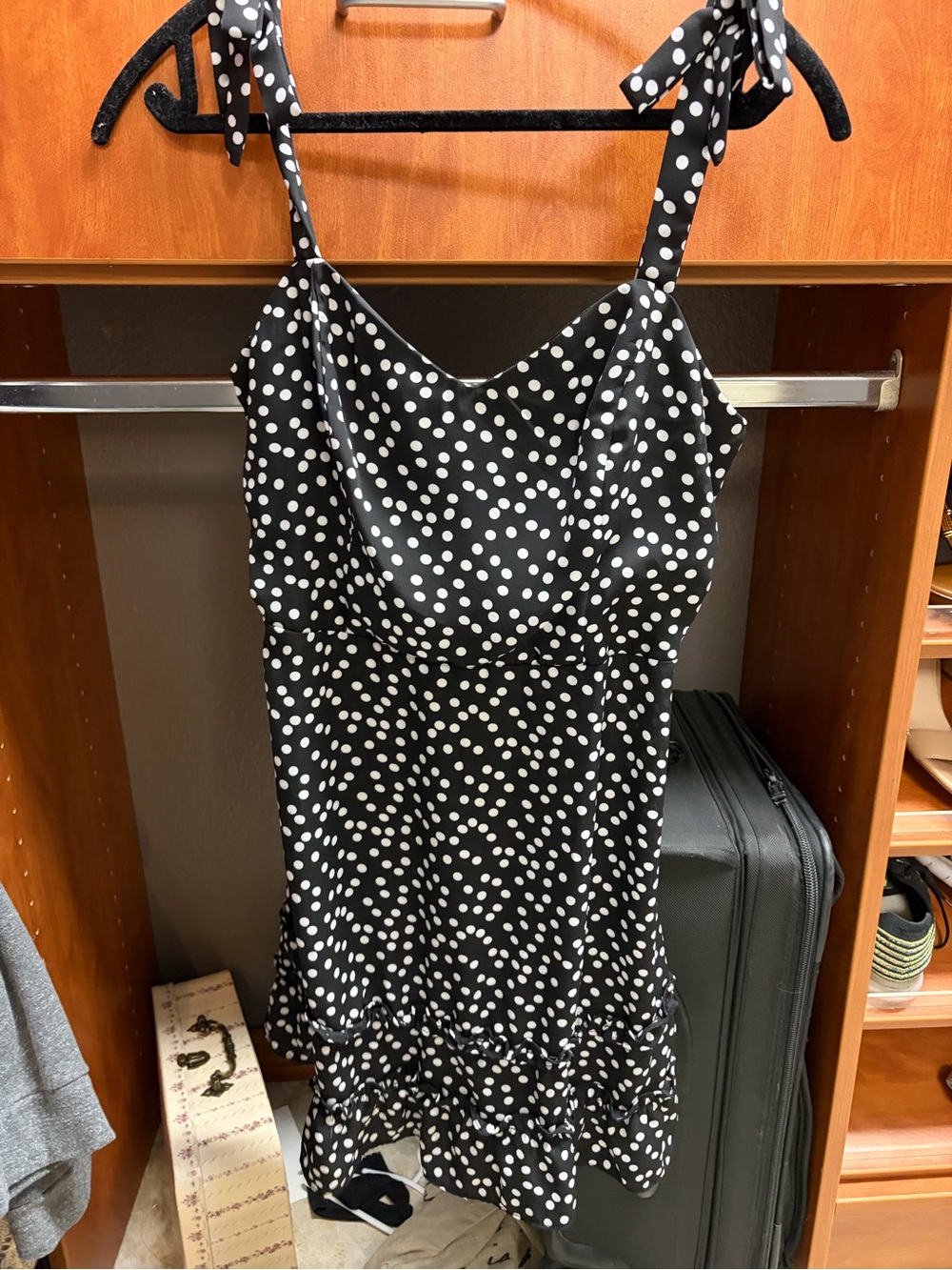 Polka Dot Tie-Shoulder Mini Dress in Black and White